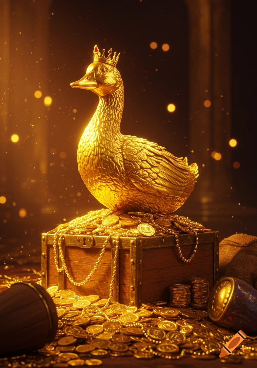 A golden duck with a crown sits atop a wooden treasure chest overflowing with gold coins, shimmering in golden light.