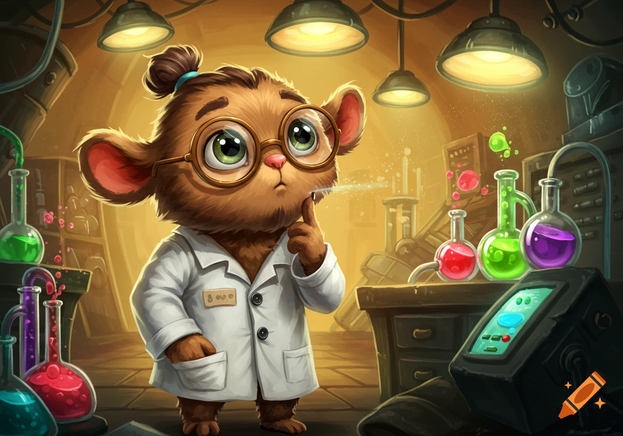 A cute, furry cartoon mouse scientist with glasses and a lab coat ponders in a whimsical lab with colorful beakers.