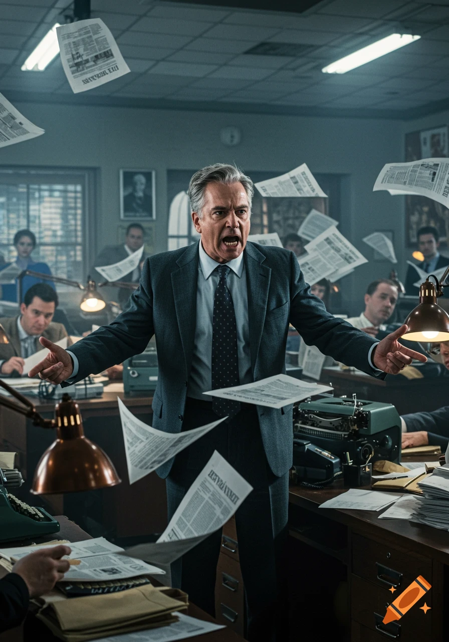 An angry news editor yells in a photorealistic office scene with papers flying.