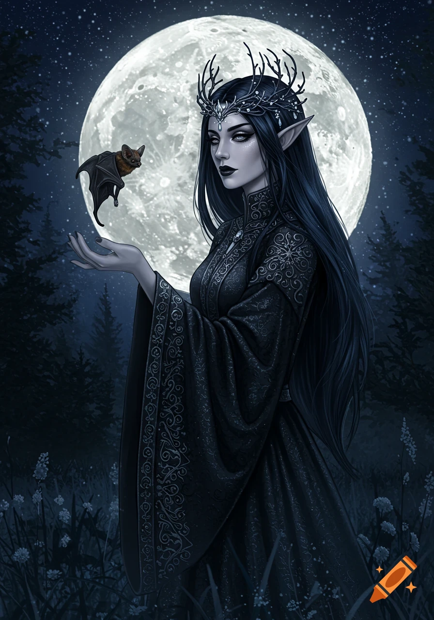 A gothic elf woman with long dark hair and a branch crown holds a bat under a full moon in a dark, star-filled forest.