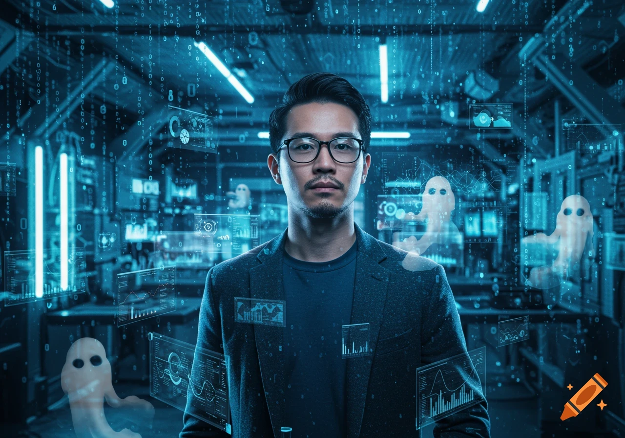 A man in glasses stands in a futuristic blue data center surrounded by binary code, holographic screens, and ghostly figures.
