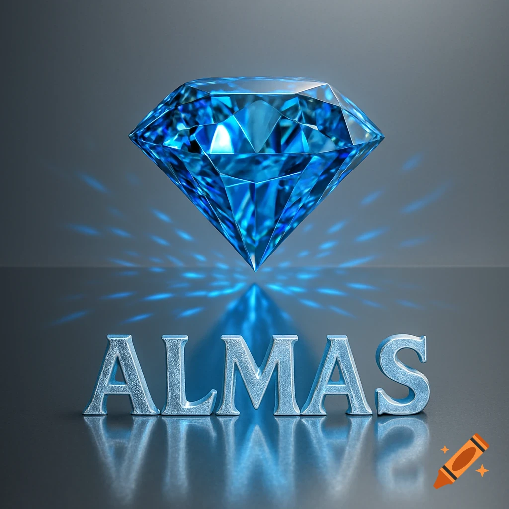 A brilliant blue diamond floats above the 3D silver text "ALMAS" on a reflective surface.