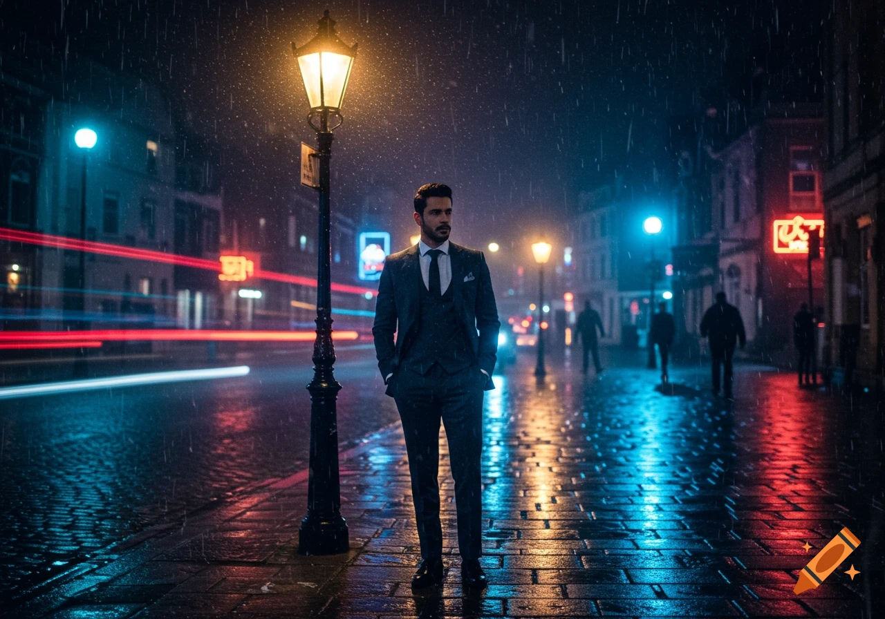 A man in a dark suit stands alone on a wet city street at night in the rain, illuminated by streetlights and neon.