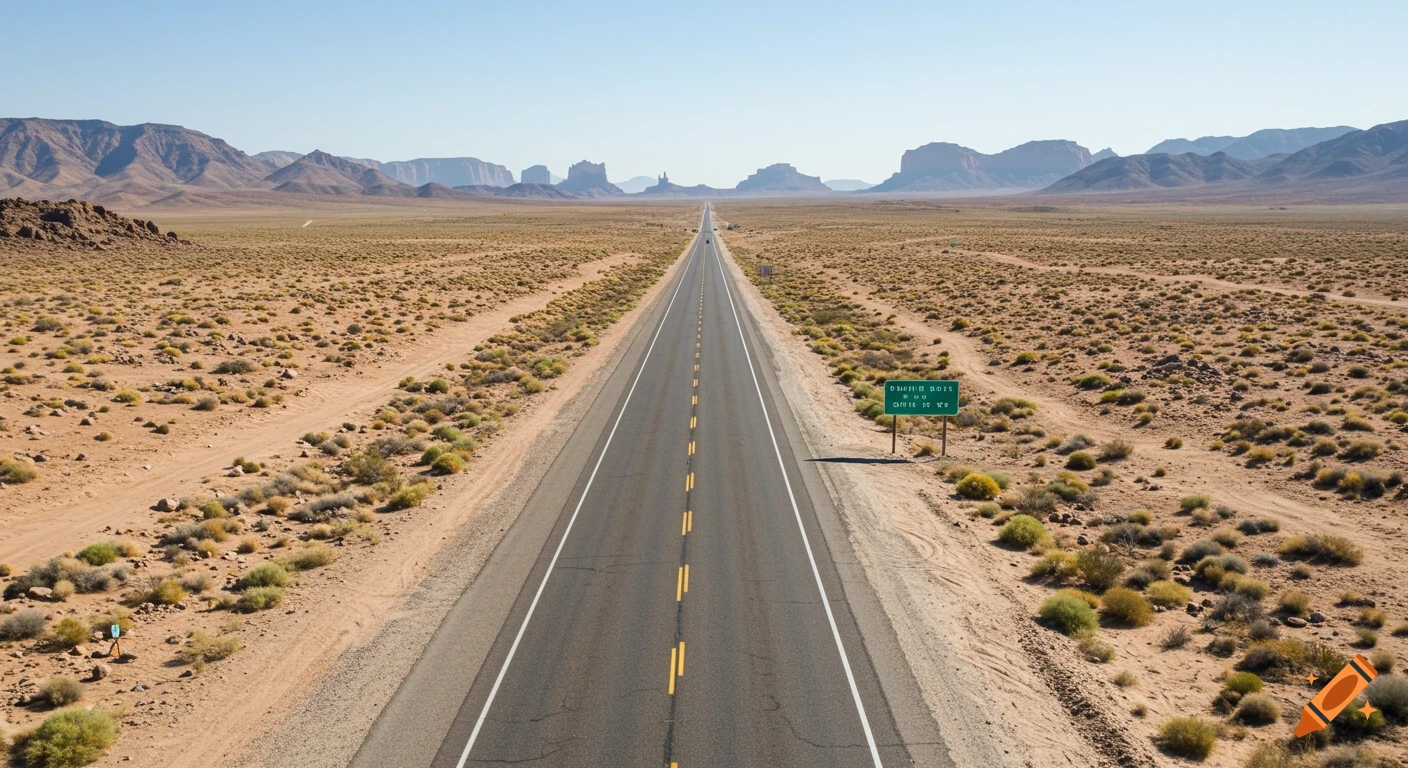 Photorealistic straight highway through a vast desert landscape with distant mountains under a clear sky.
