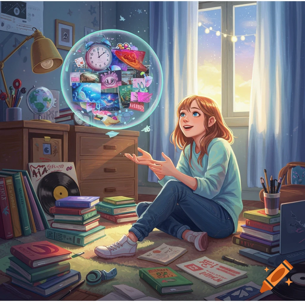 A smiling teenage girl with red hair sits on the floor in her bedroom, surrounded by stacks of books. A glowing bubble of thoughts floats in front of her, filled with various images. Sunlight streams through a large window.