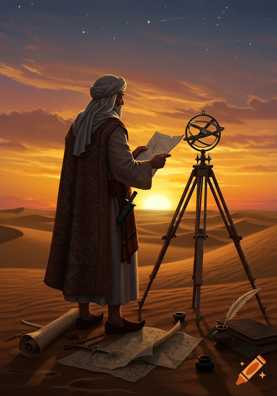 A historical Islamic scholar in a desert at sunset, studying maps beside an armillary sphere and surveying tools.