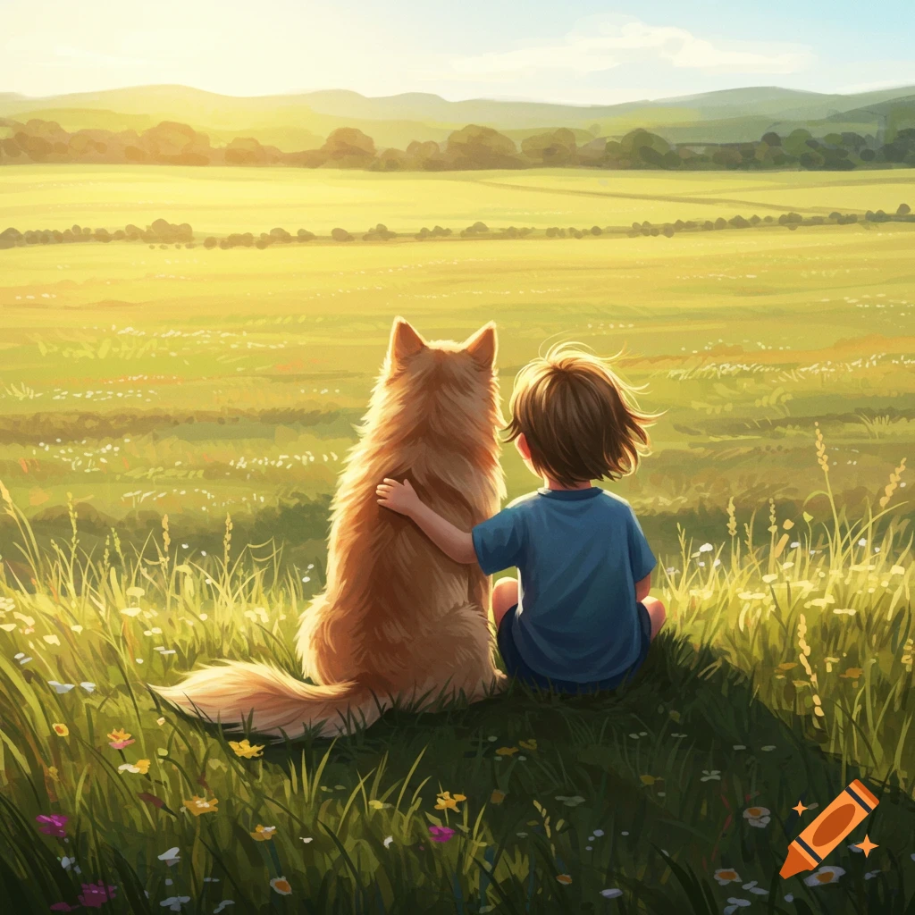 Illustrated child and dog sitting in a sunlit grassy field, looking at distant hills.