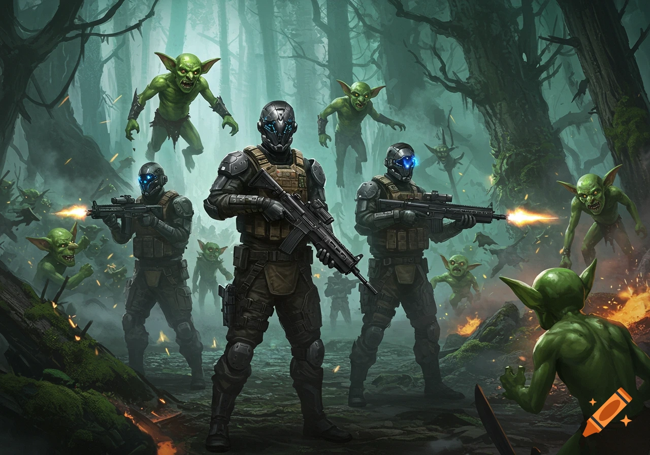 Modern soldiers in tactical gear battle green goblins in a dark, misty fantasy forest, with muzzle flashes and explosions.