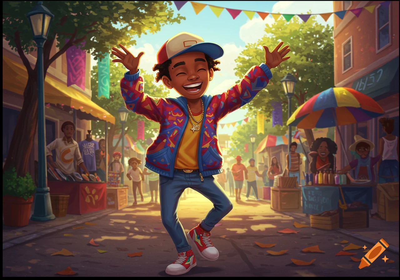 A happy cartoon boy with a red and blue patterned jacket and baseball cap dances in a vibrant street market filled with stalls and people.