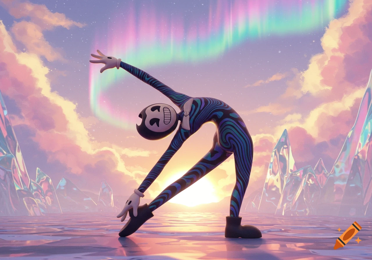 A Bendy-like cartoon character in a vibrant, surreal landscape with an aurora and crystal formations, performing a yoga pose.
