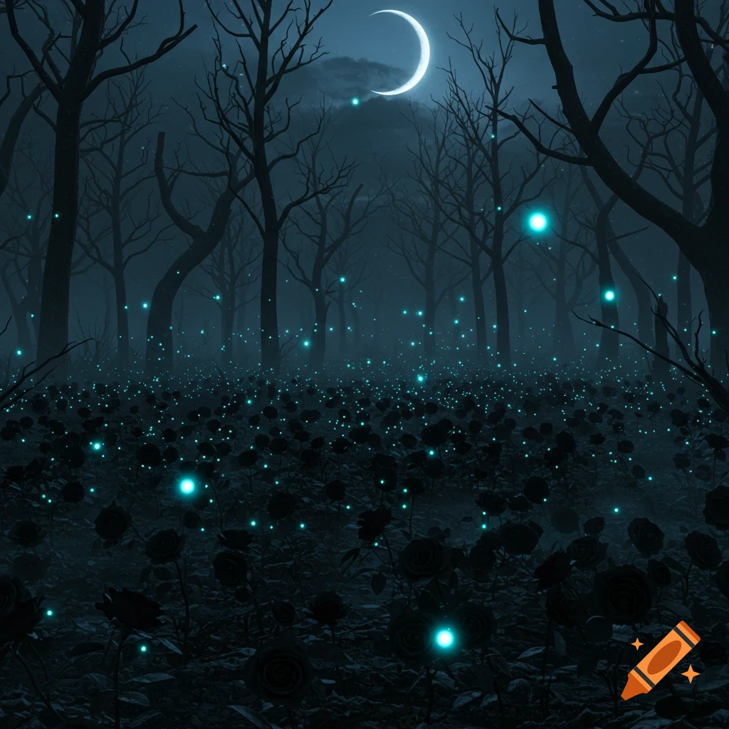 A mystical night scene of a dead forest with black roses and glowing blue fireflies under a crescent moon.