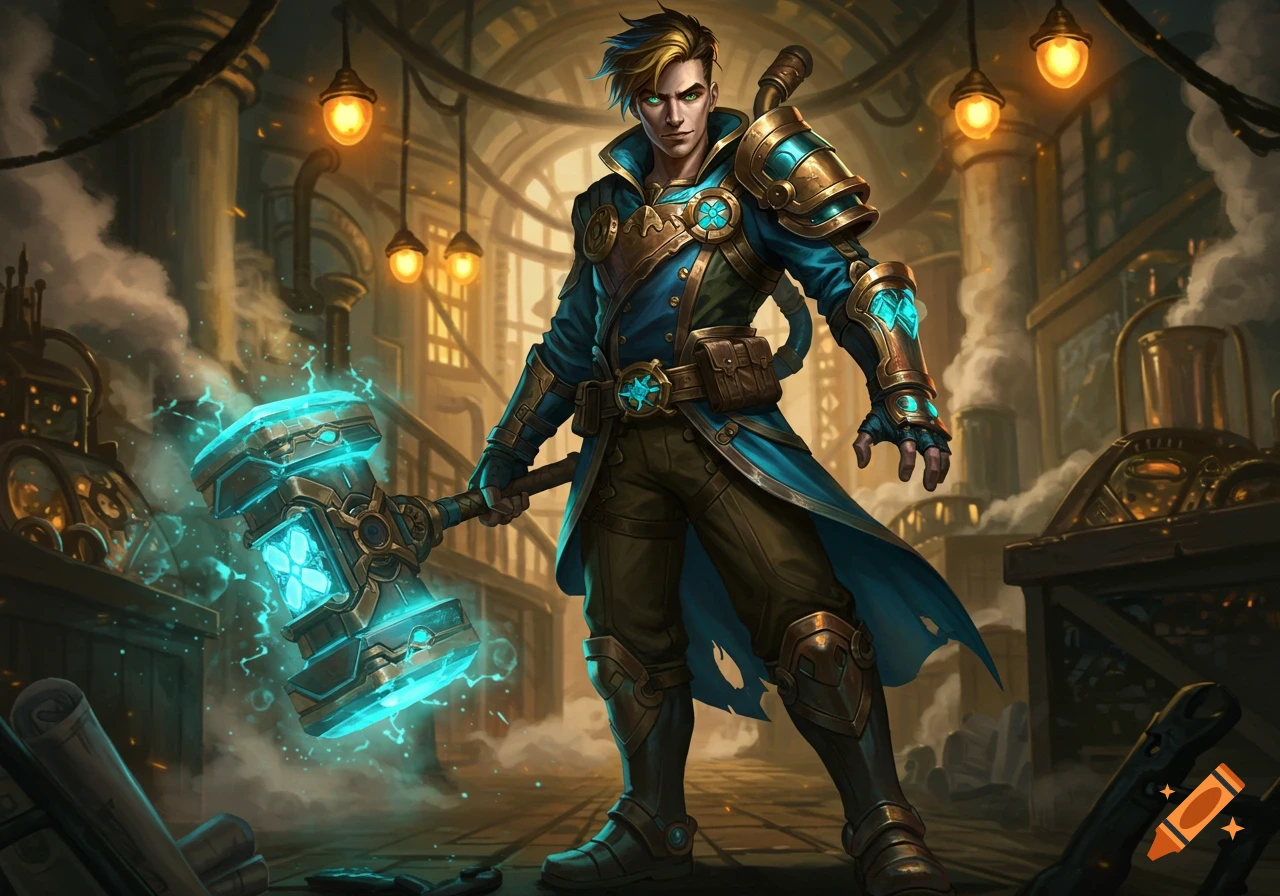 A male character with blue and gold armor holds a glowing blue hammer in a steampunk workshop.