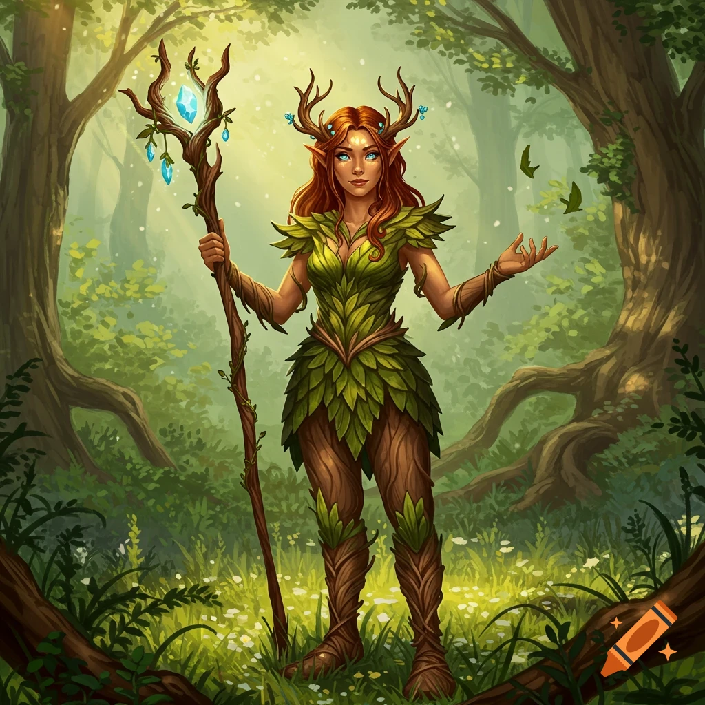 An illustrated wood elf druid with antlers, brown hair, blue eyes, and a leaf outfit holds a crystal staff in a sun-dappled forest.
