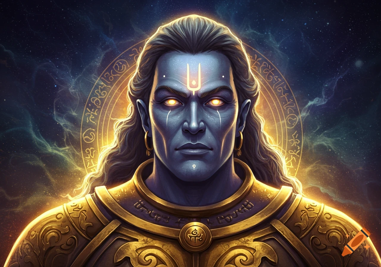 A blue-skinned Indian god with glowing eyes, long dark hair, and golden armor against a cosmic background with symbols.
