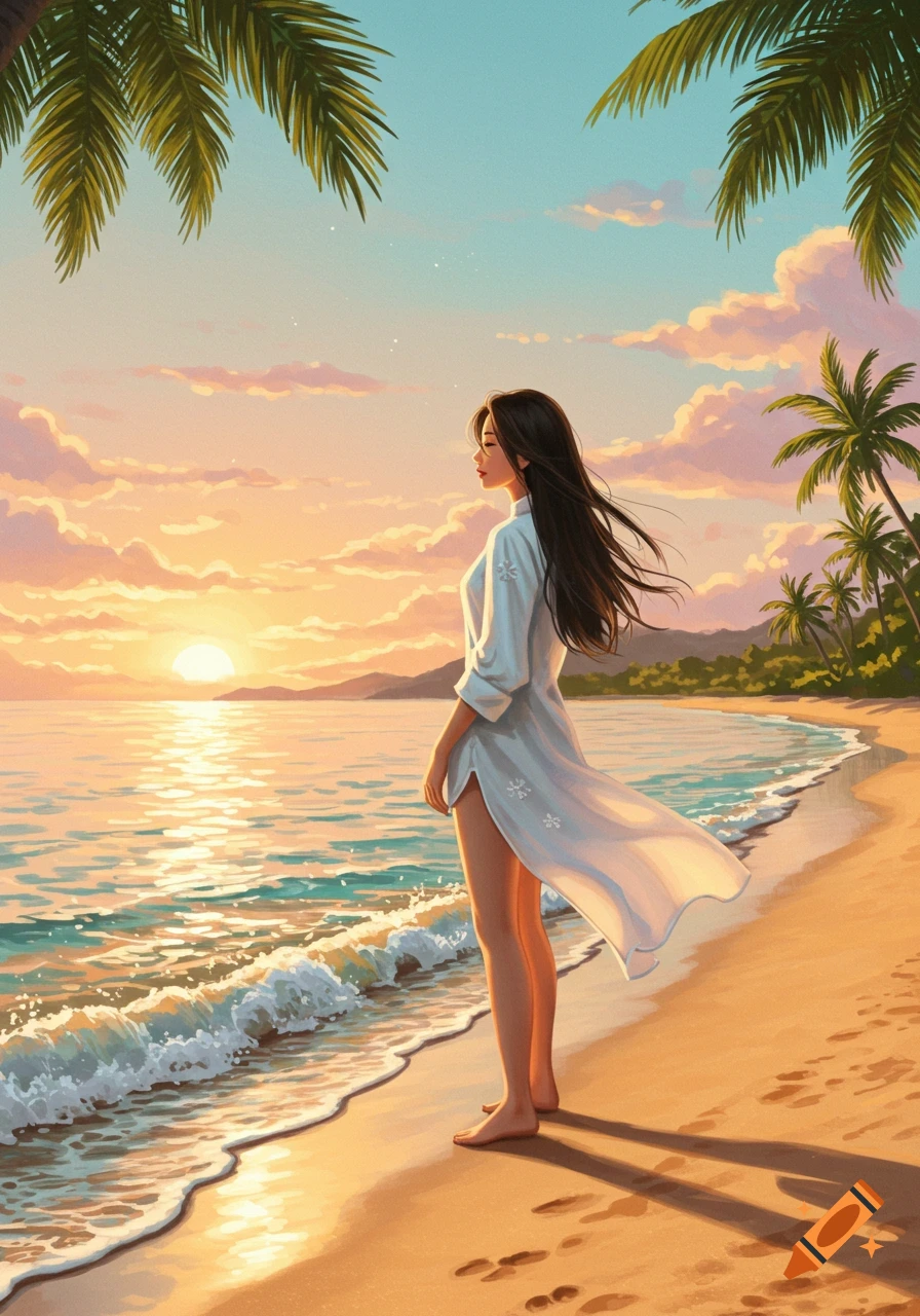 Illustrated Asian woman in a white dress standing on a tropical beach at sunset, looking out at the ocean.