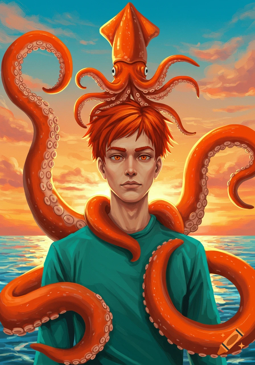 A vibrant illustration of a person with orange hair and eyes, a squid on their head, and orange tentacles on their back, against a sunset ocean background.