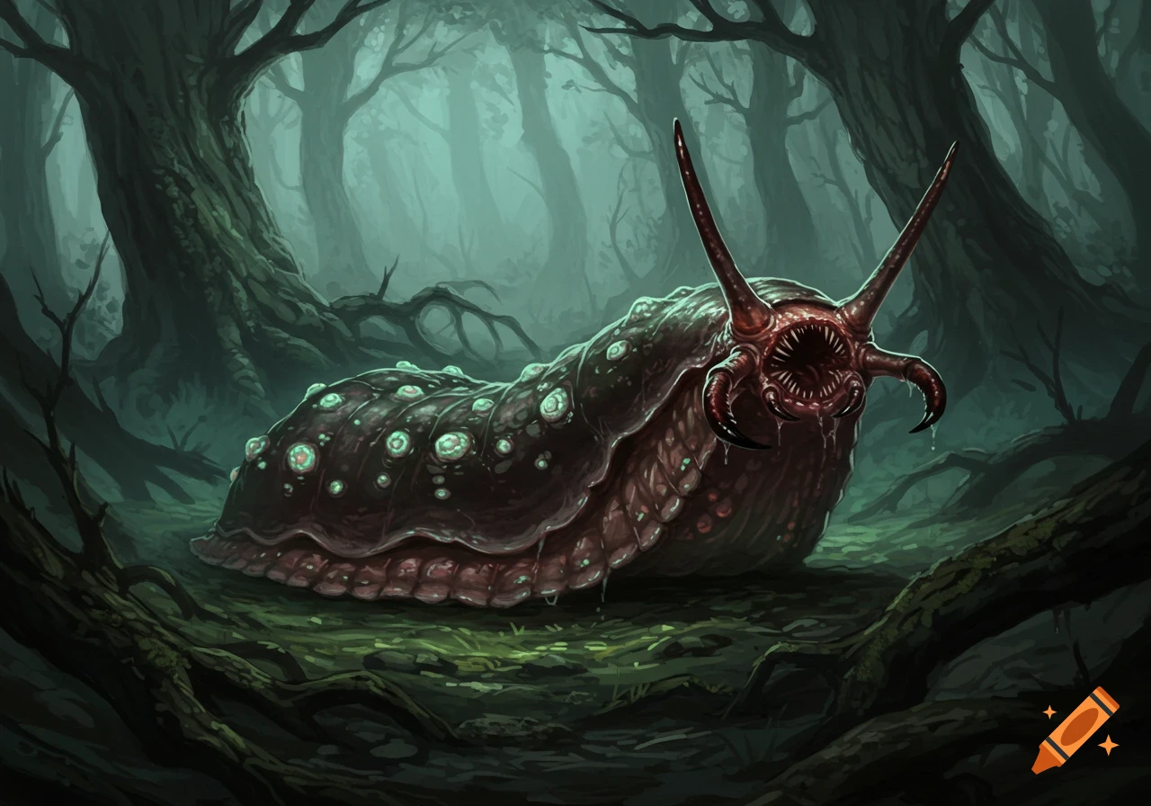 A grotesque carrion slug with large mandibles, a gaping mouth, and bumpy skin sits in a dark, misty fantasy forest.