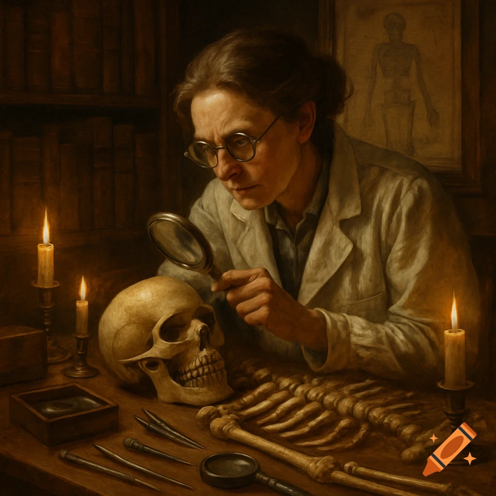 A scientist in a lab coat studies a skull and skeleton with a magnifying glass by candlelight, in a classical painting.