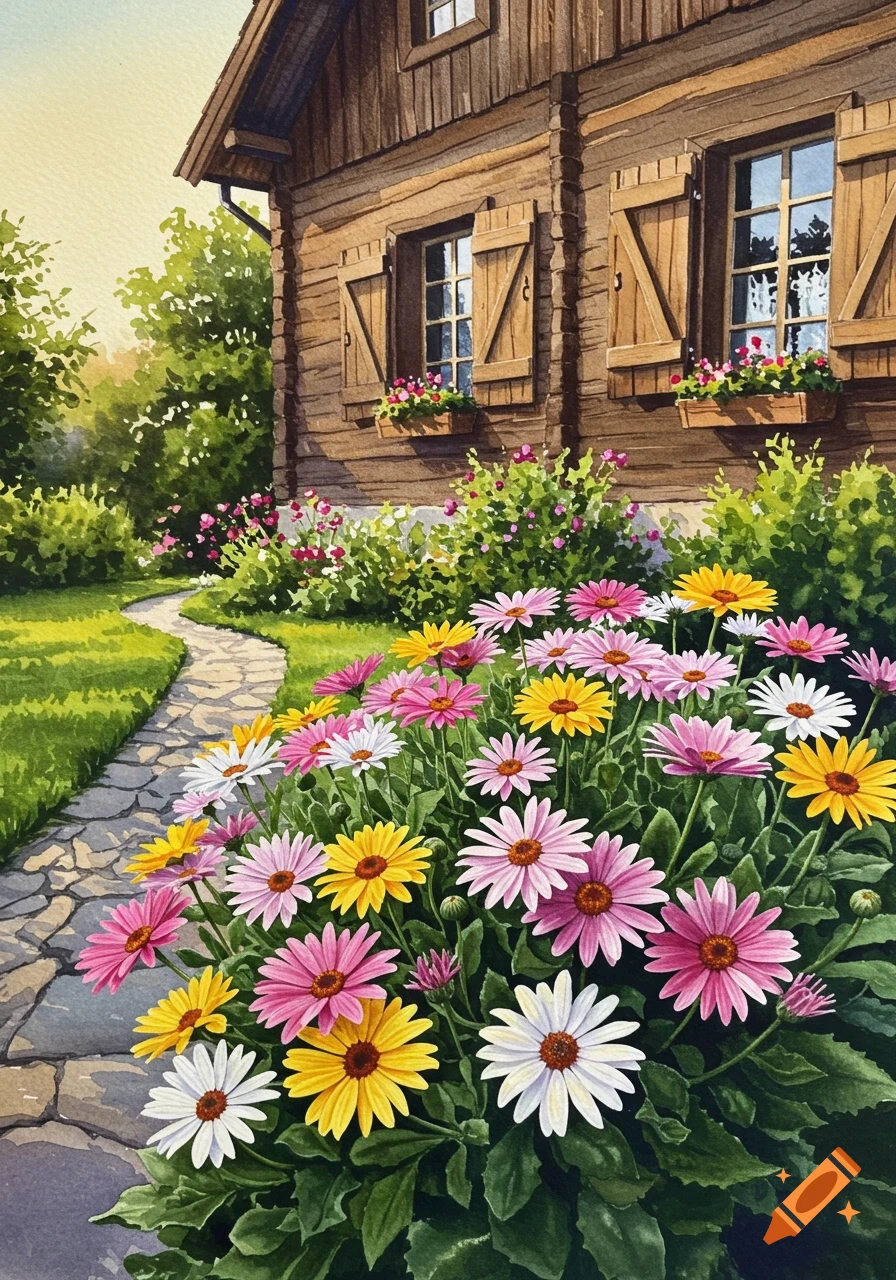 A watercolor painting depicting a rustic wooden house with a garden of colorful daisies and a winding stone path.