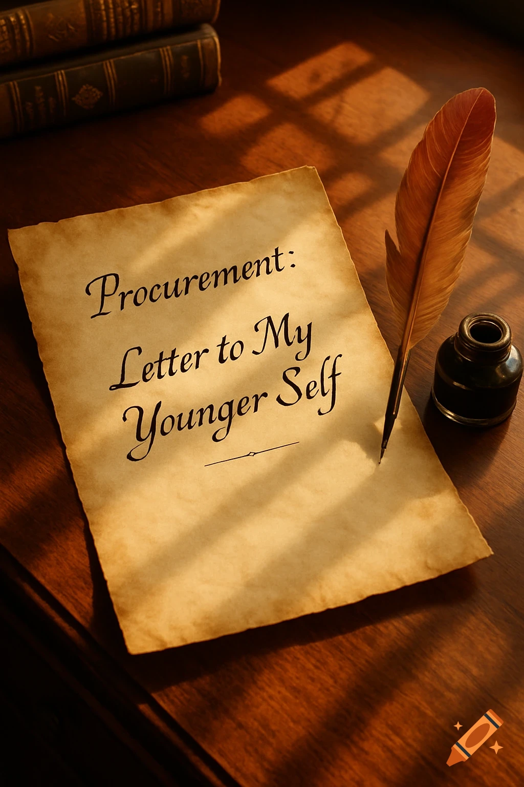 A photorealistic image of an aged letter titled 'Procurement: Letter to My Younger Self' on a wooden desk with a quill and inkwell.