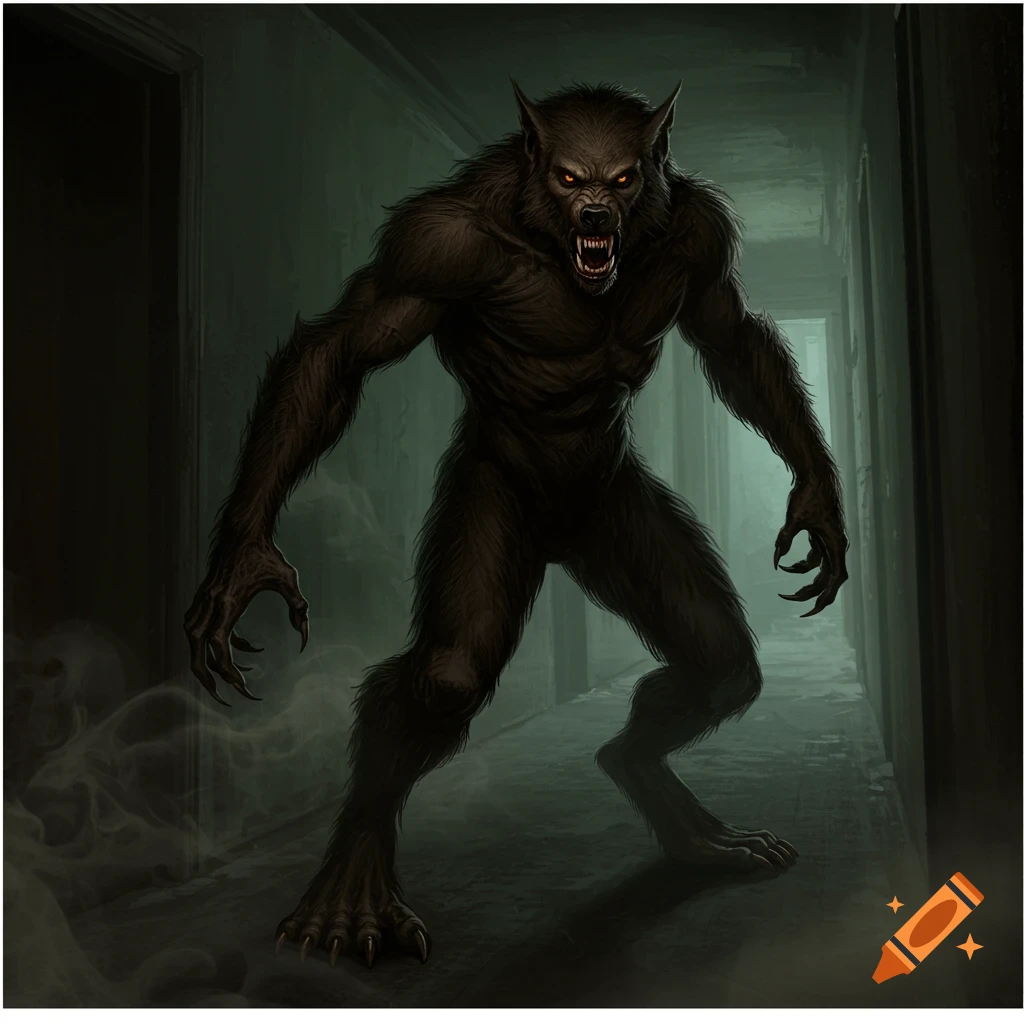 A snarling brown werewolf with glowing red eyes and long claws stands in a dark, ominous hallway. Detailed horror illustration.