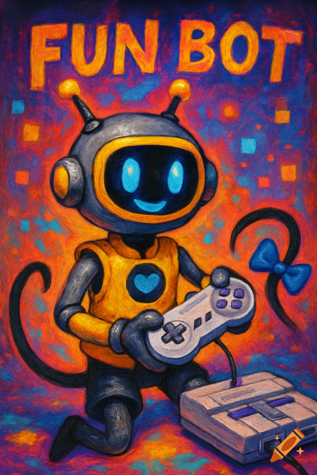 A cute grey and yellow robot, Fun Bot, plays a retro video game console, in a vibrant painterly style.