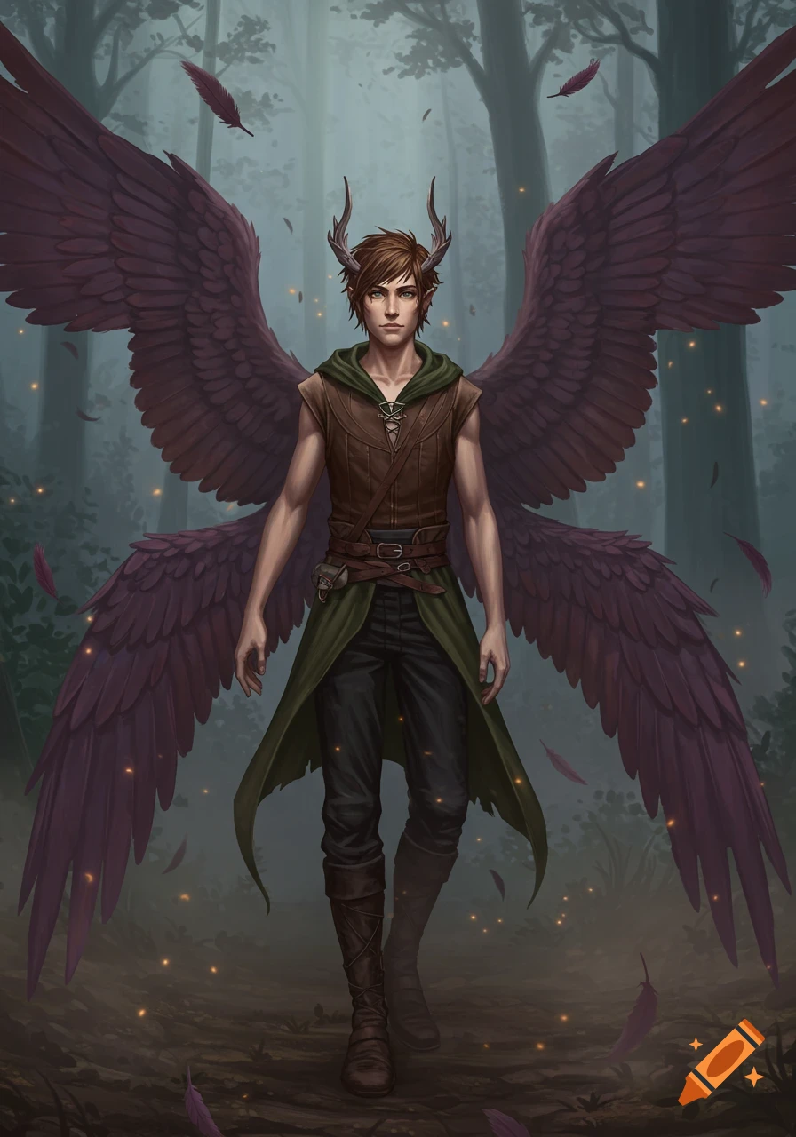 A fantasy man with brown hair, small horns, and large purple wings stands in a misty forest, wearing a green hooded tunic, brown leather vest, and boots.