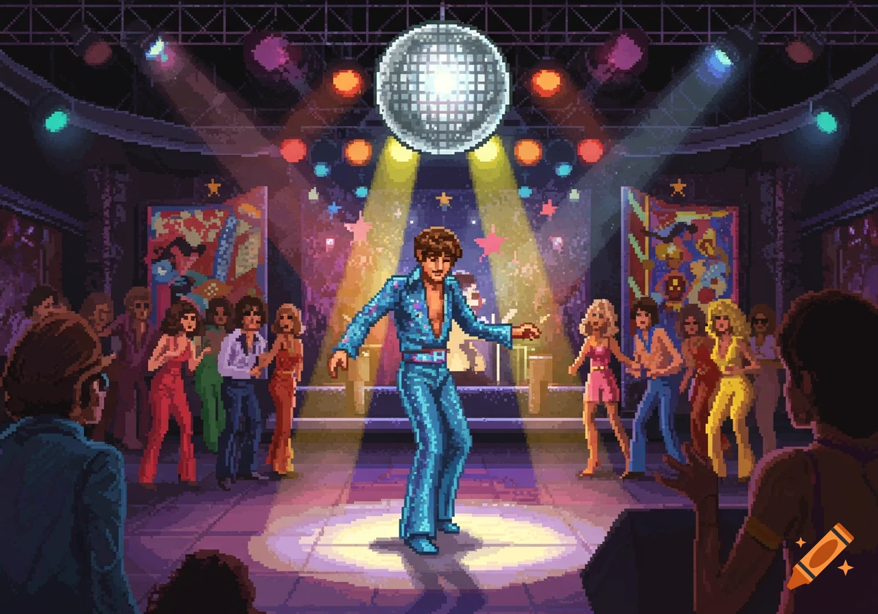Pixel art illustration of a man in a blue suit dancing under a disco ball in a vibrant club filled with other party-goers.
