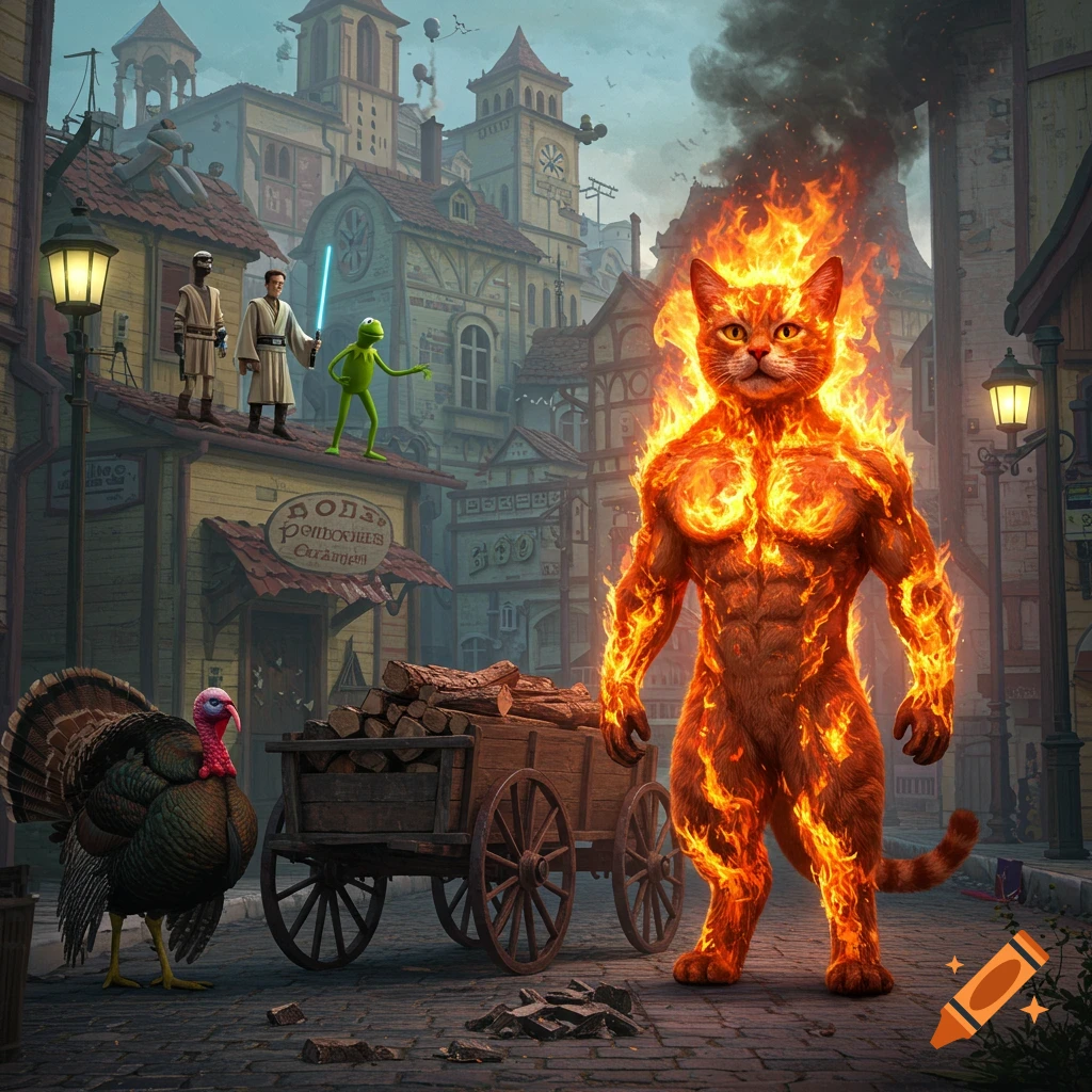 A muscular, fiery cat stands on a cobblestone street with a turkey and a wooden wagon full of logs. On a building roof in the background, two Jedi figures and Kermit the Frog watch. Ornate buildings line the street under a stormy sky.