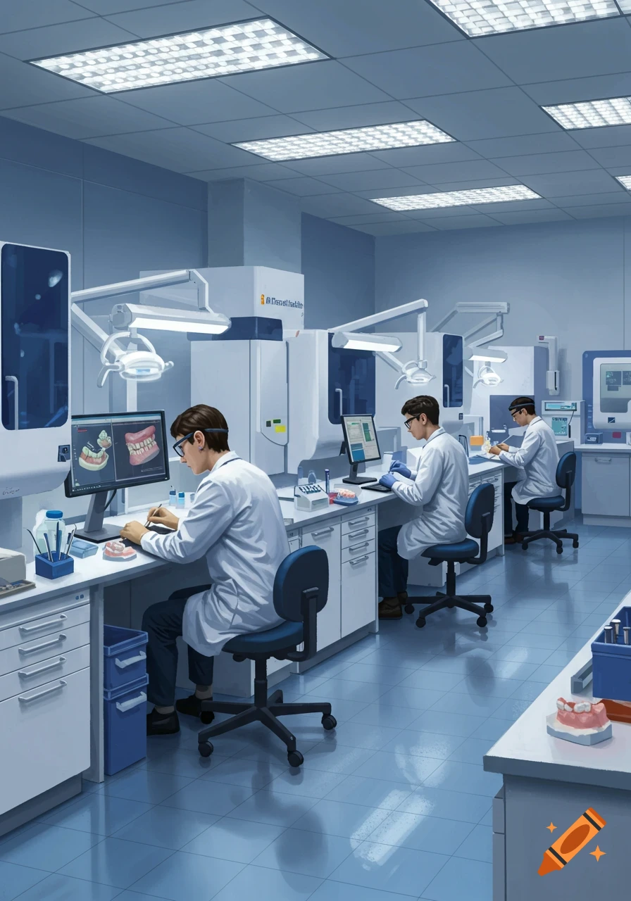 A clean, modern dental lab with three technicians in white coats working at their desks, surrounded by dental equipment and models.