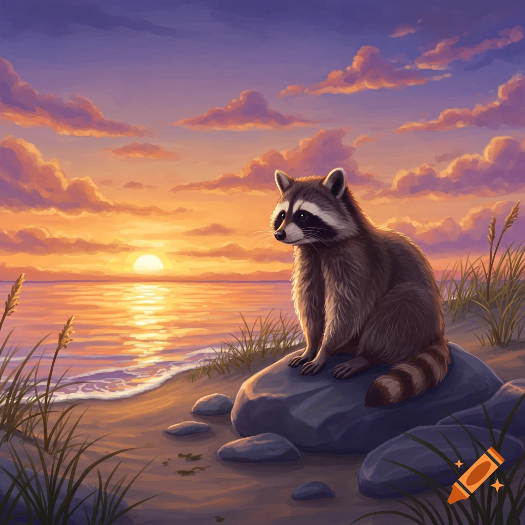 An illustrative painting of a peaceful raccoon sitting on a rock by the ocean at a vibrant sunset.