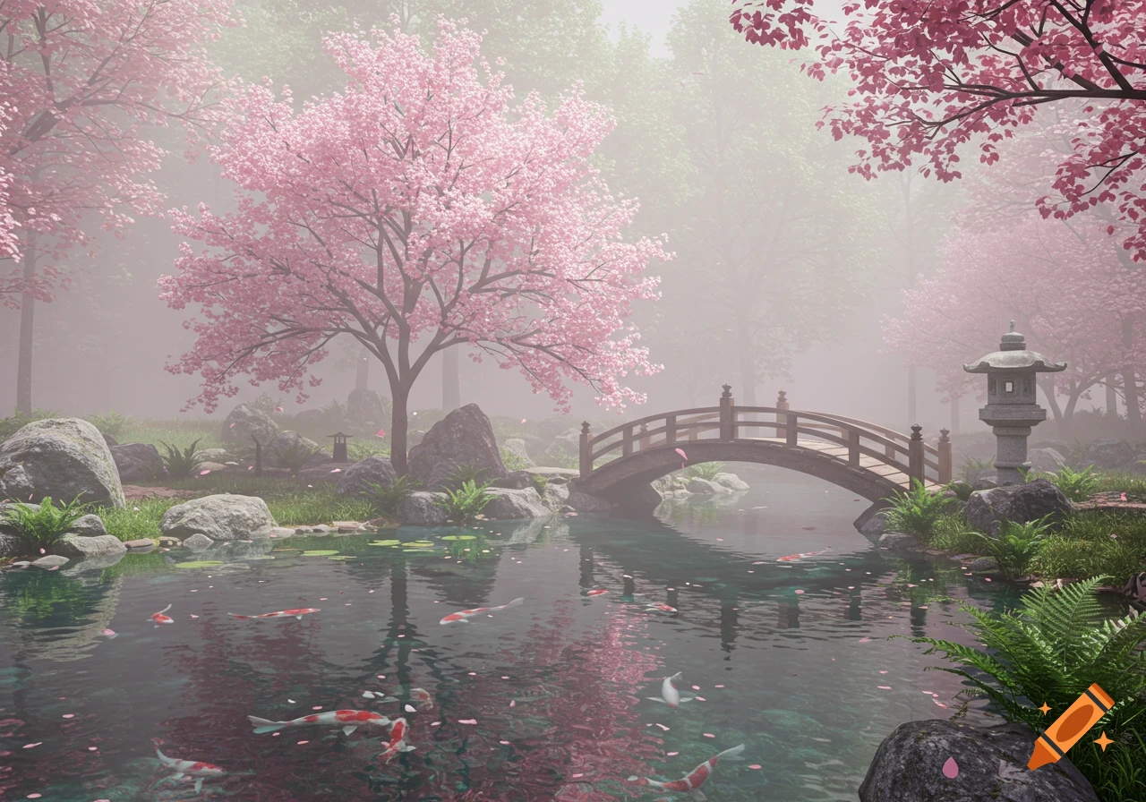 A serene Japanese garden with pink cherry blossom trees, a wooden bridge over a koi pond, and a stone lantern, set in a misty landscape.