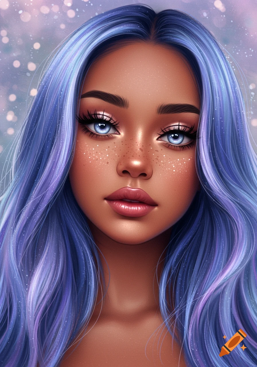 A stylized digital portrait of a woman with long wavy blue and purple hair, striking light blue eyes, and freckles on her nose.
