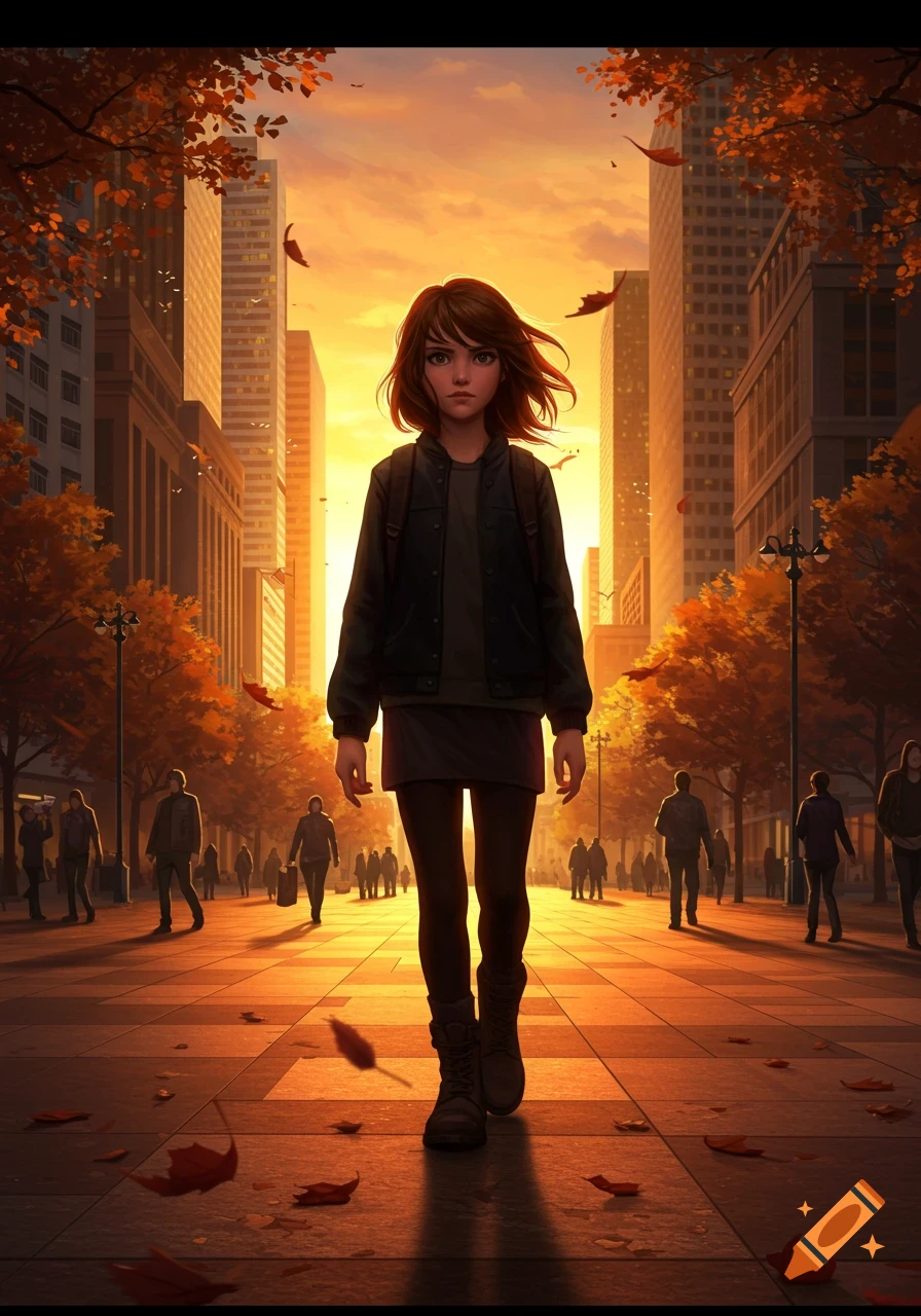 A young anime girl walks down a city street with autumn leaves during a golden sunset.