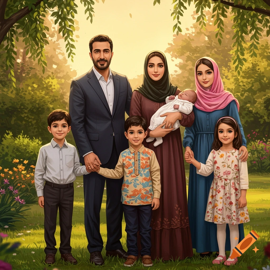 A large Iranian family, including parents and five children of various ages, standing in a lush, sunlit garden. The mother holds a baby.