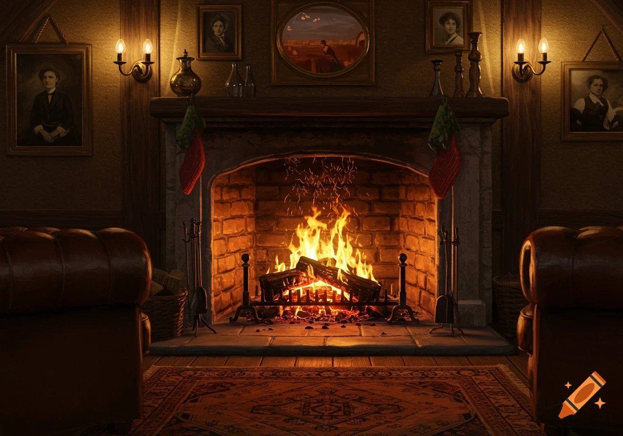 A warm, photorealistic scene of a cozy living room with a roaring fireplace, two leather armchairs, and hanging Christmas stockings.