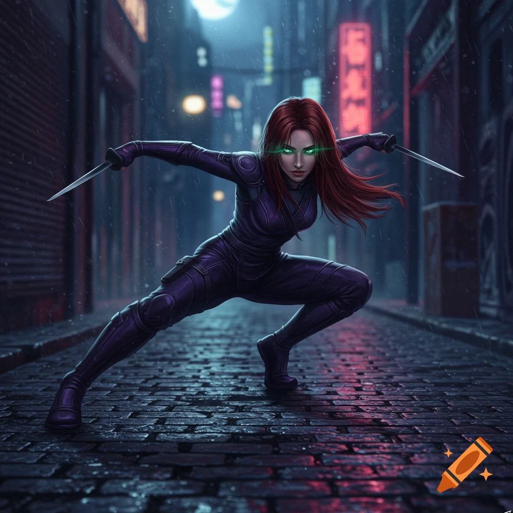 A green-eyed lady ninja in a purple skintight suit with reddish-brown hair crouches in a rainy, neon-lit city alley, holding two daggers.