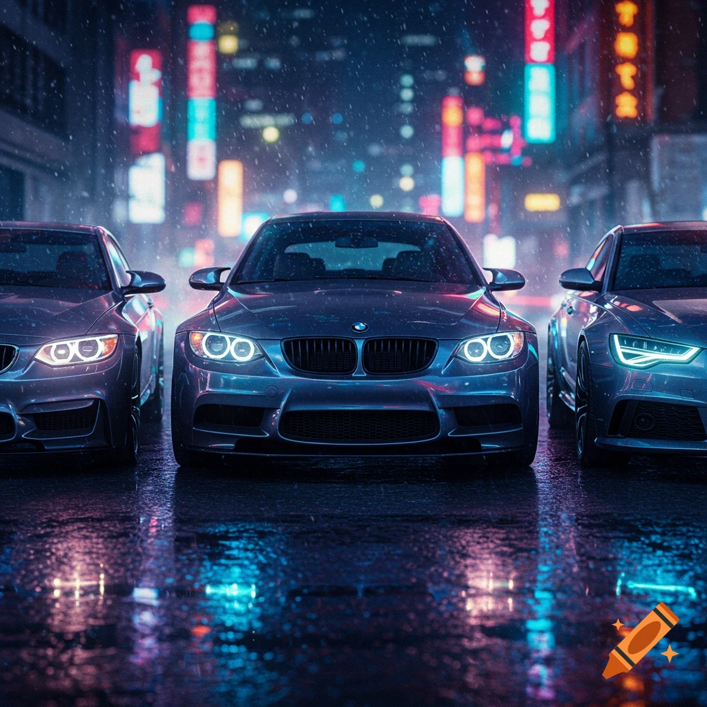 Luxury sports cars, including a BMW and an Audi, parked on a wet city street at night with neon reflections.