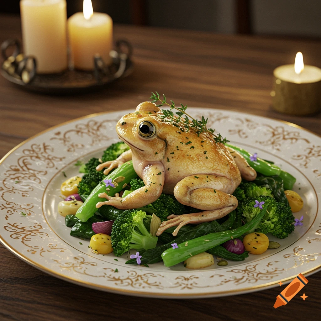 Baked frog with herbs on a bed of broccoli and vegetables on a fancy plate, with candles in the background.