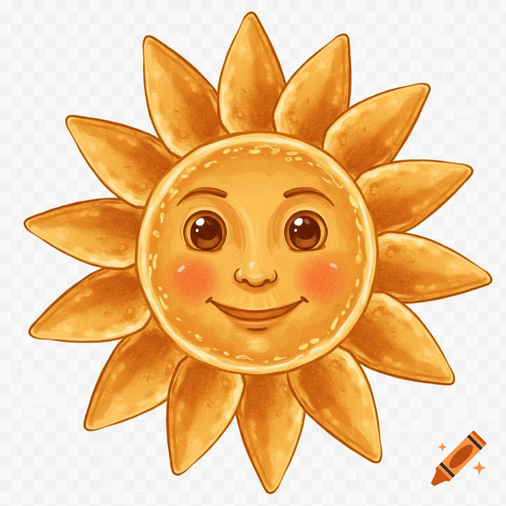 A smiling cartoon sun with rosy cheeks and joyful eyes, made of golden pancake-like rays, in a Russian folk-art style.