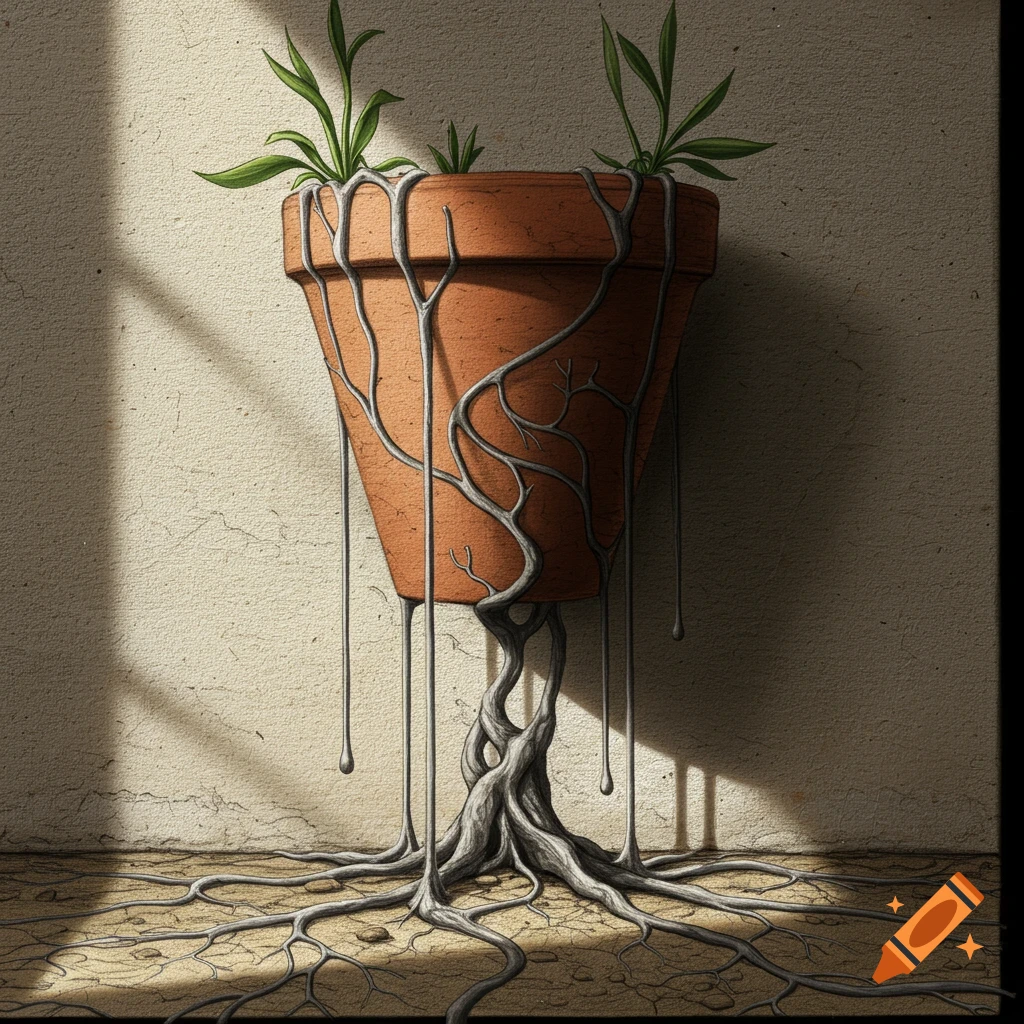 A surreal terracotta plant pot with dripping, tangled roots forming its base and spreading across a cracked floor, under dramatic lighting.