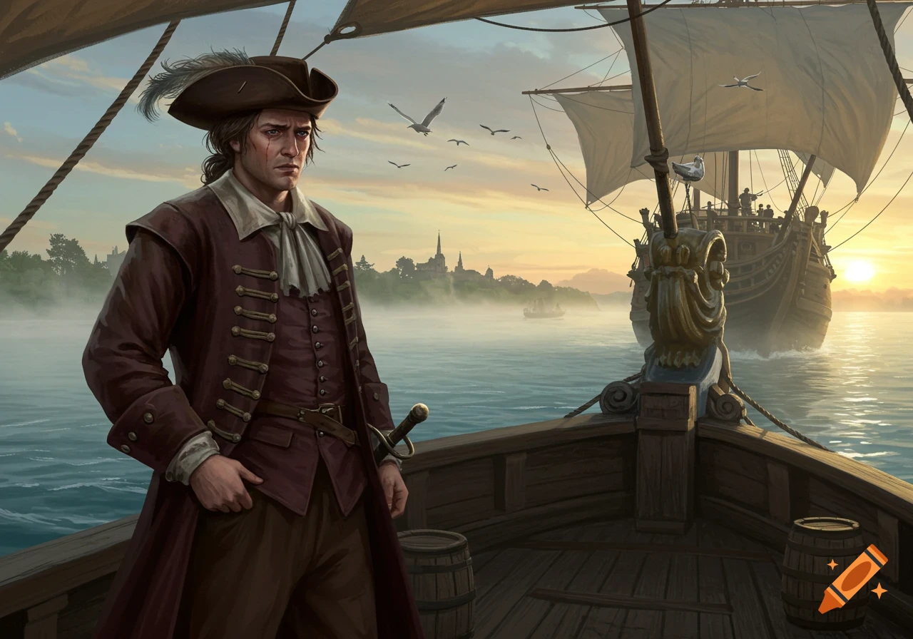 A sad 17th-century man in a tricorn hat and coat stands on a boat deck at sunset, with ships and a misty town in the background.