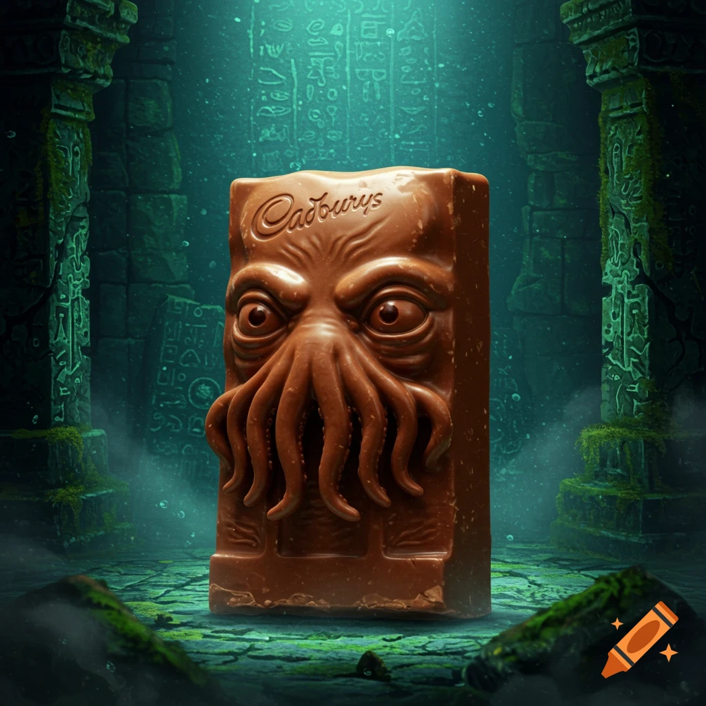 A chocolate bar shaped like Cthulhu with tentacles and eyes stands in a dark, mossy ancient ruin with hieroglyphs.