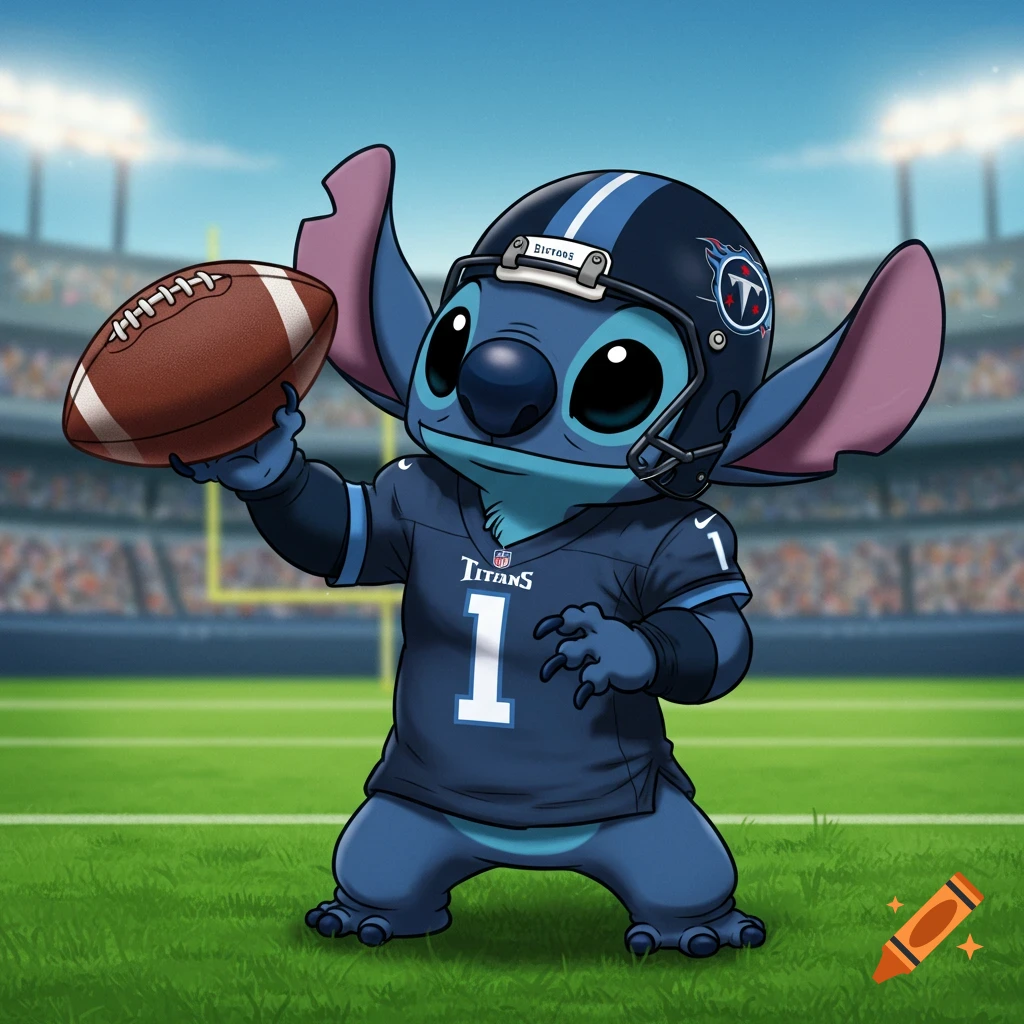 Stitch from Lilo & Stitch wearing a blue Tennessee Titans football jersey and helmet, holding a football on a blurred field.