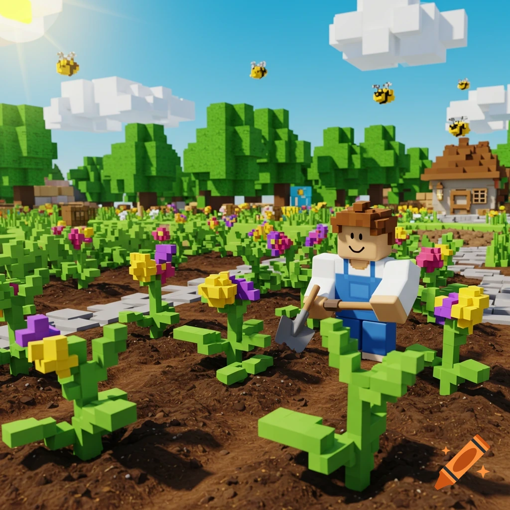 A blocky character in a Roblox-style voxel garden, digging amidst colorful flowers under a sunny sky with bees flying around.