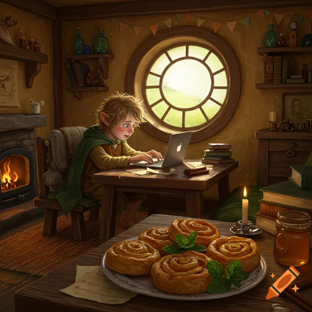A hobbit-like character with pointed ears works on a laptop at a wooden table in a cozy, rustic room. A plate of cinnamon rolls is in the foreground.