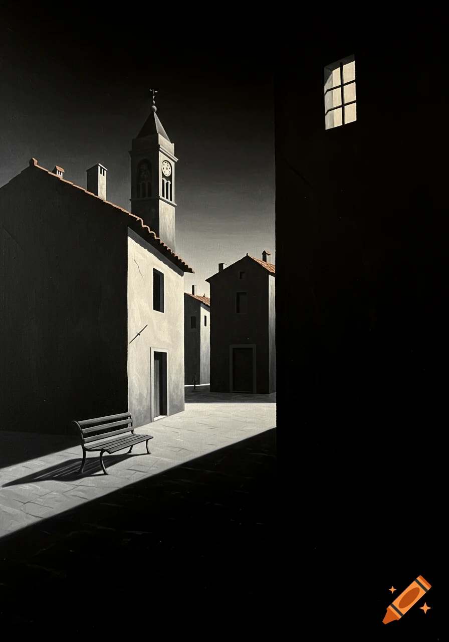An oil painting depicting a deserted, high-contrast town square with buildings, a prominent clock tower, and a bench, rendered in deep shadows and bright sunlight.