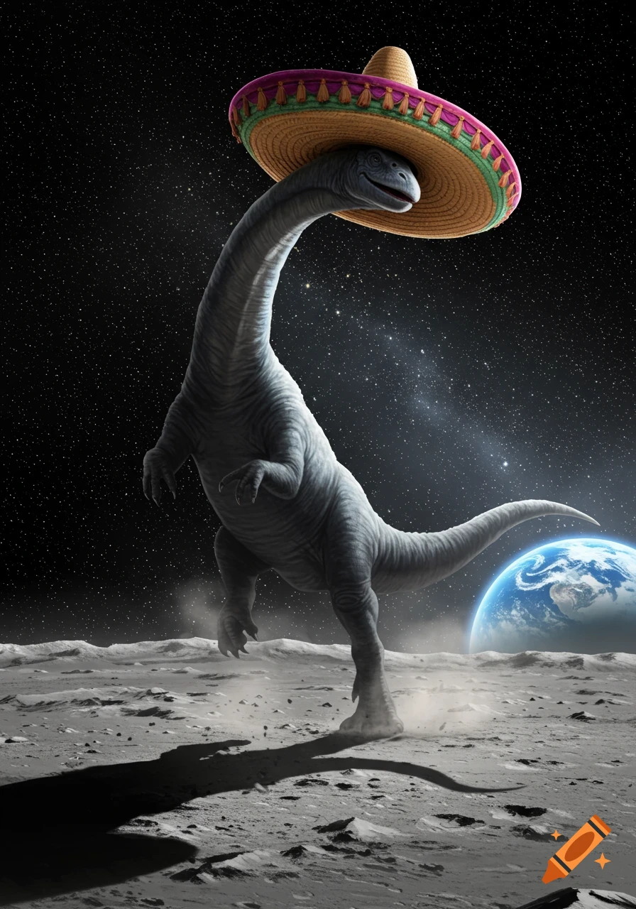 A long-necked dinosaur wearing a sombrero stands on the moon, with Earth in the background.