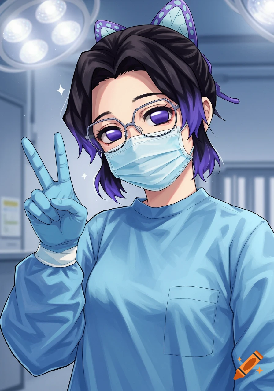 Anime character Shinobu, wearing a medical mask and glasses, makes a peace sign in an operating room.