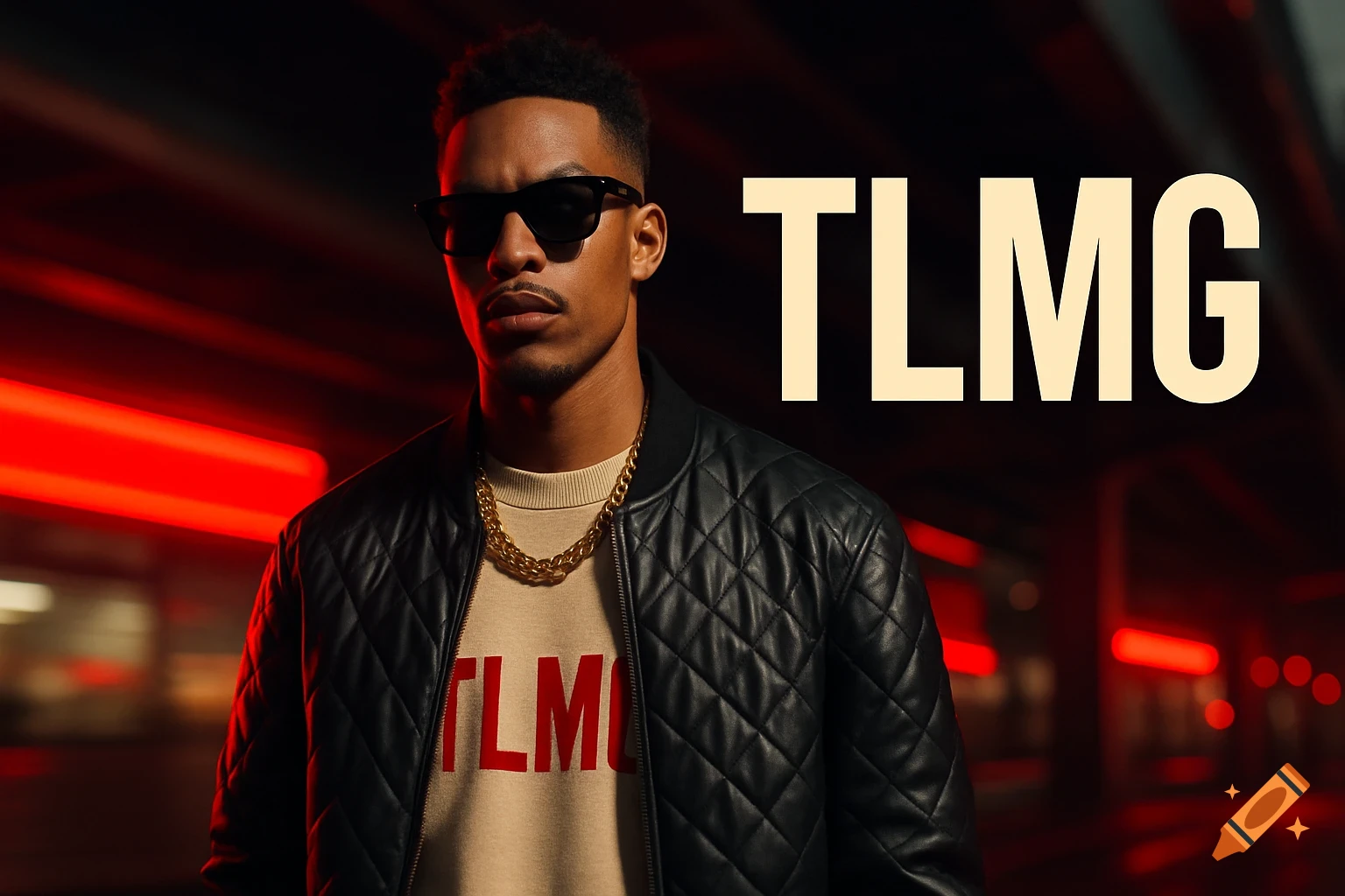 A man in sunglasses, a quilted leather jacket, and a gold chain, with "TLMG" text overlay, stands in a dark urban setting with red neon lights.